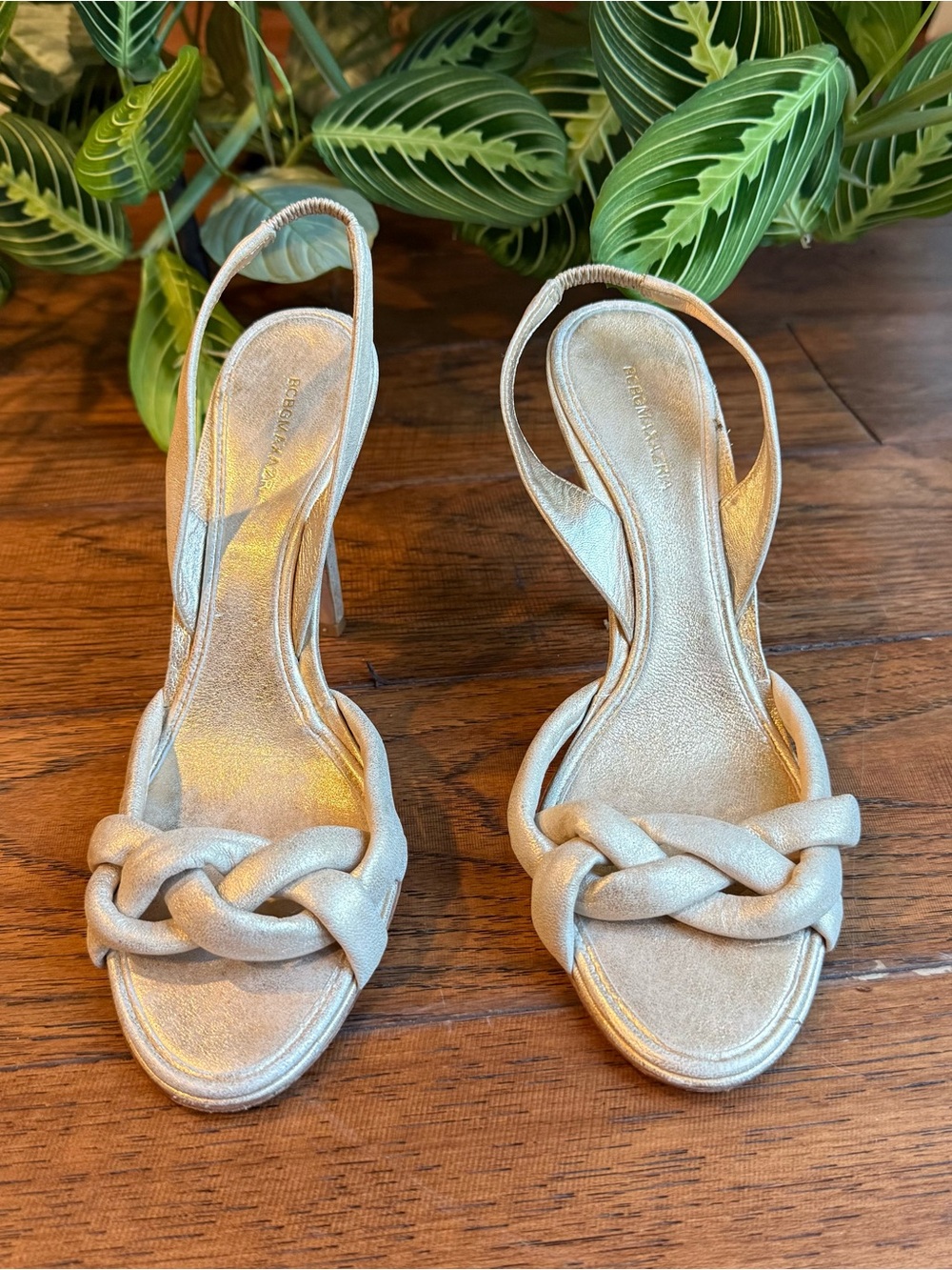 Metallic Champagne Gold Braided Slingback Heels - Women